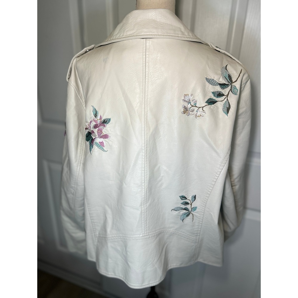 Levi's Moto Jacket Floral Embroidered Cream Faux Leather Studded Biker XL White - Picture 3 of 7